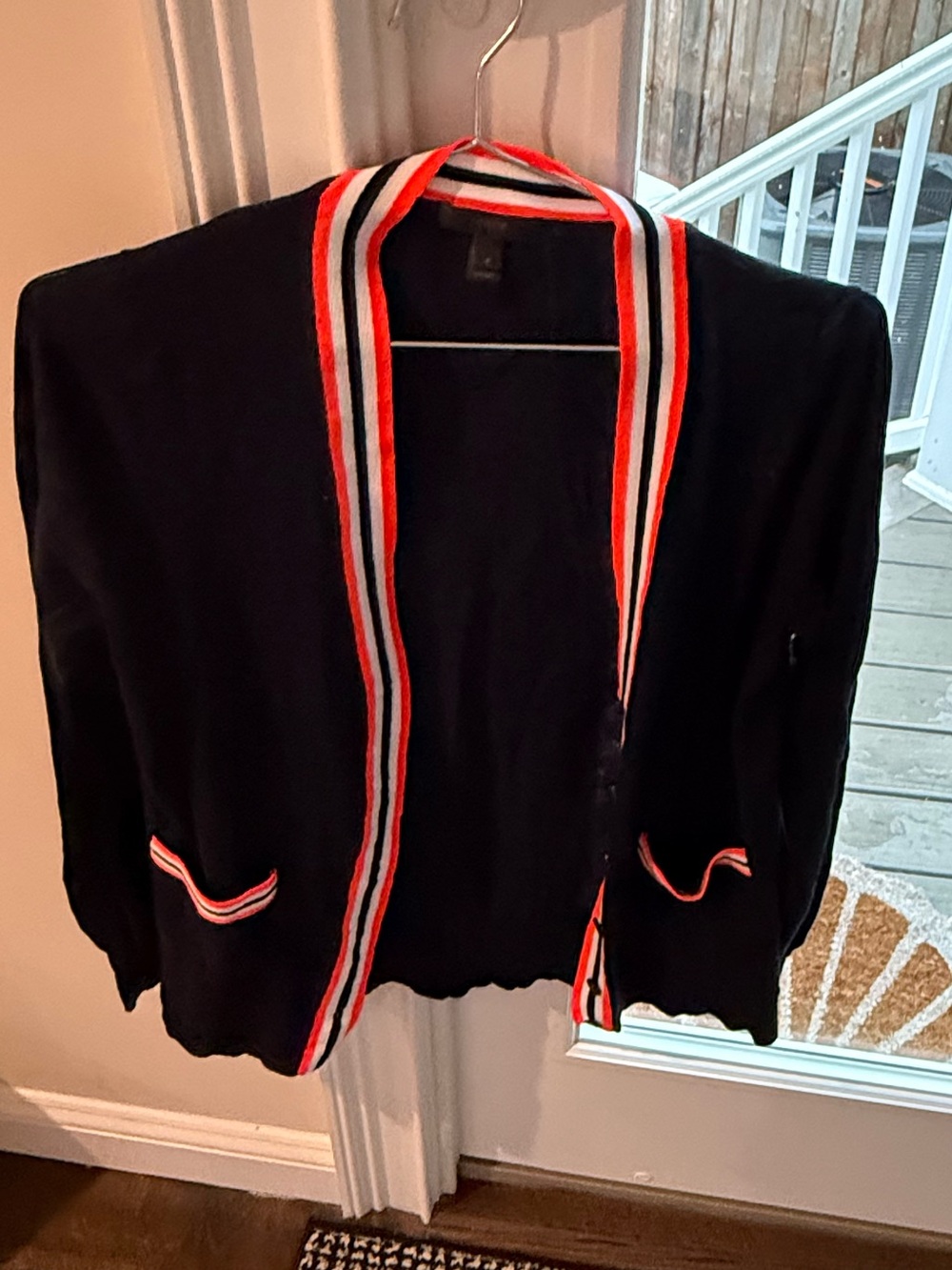 J. Crew Black Cardigan with Red & White Stripe Trim